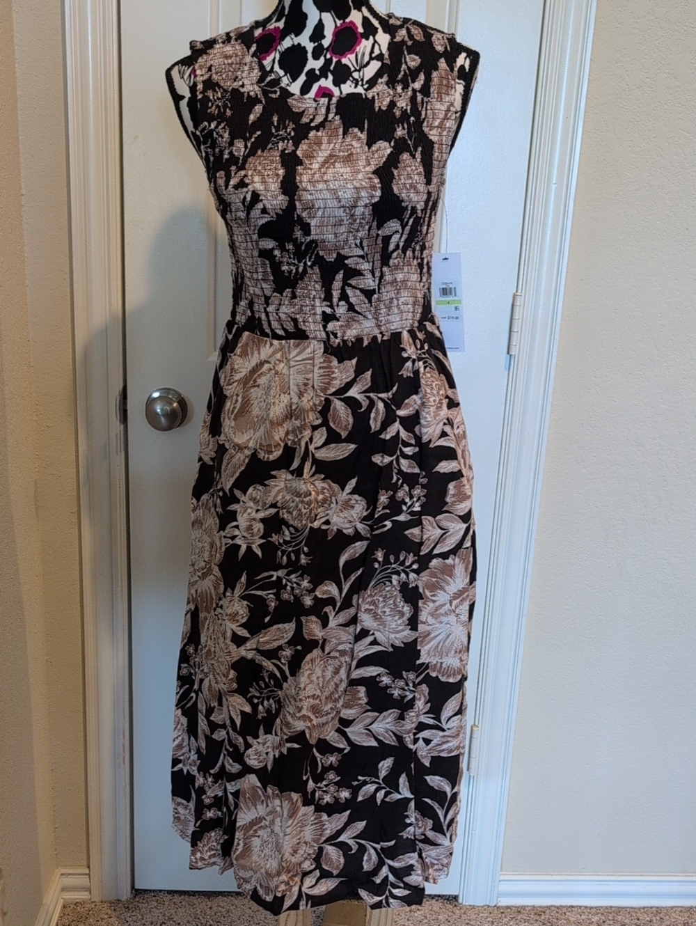 Calvin Klein Floral Smocked Waist Sleeveless Midi Dress - Black & Beige Size 4